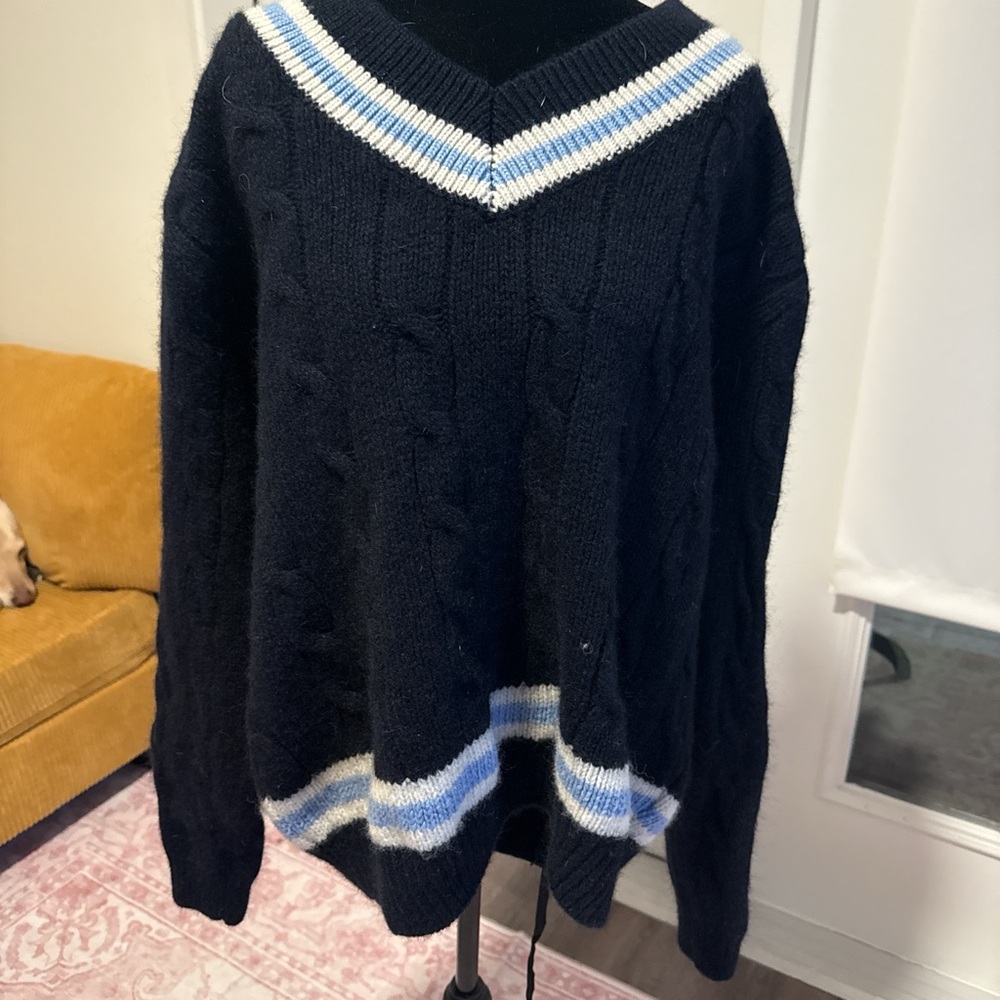 Brandy Melville Oversized Dark Blue V-Neck Sweater with Light Stripes
